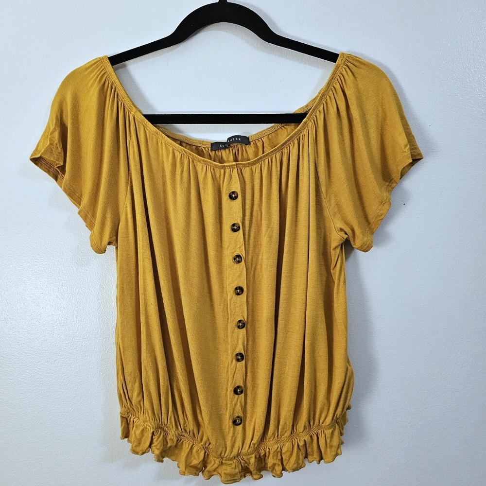 Suzy Shier Mustard Button-Front Blouse